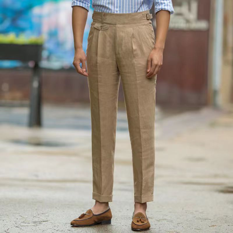 Pantalon en lin Gurkha de style britannique pour hommes, taille haute, droit, longueur de rinçage, printemps, été, haute qualité, mince, décontracté, surintendant