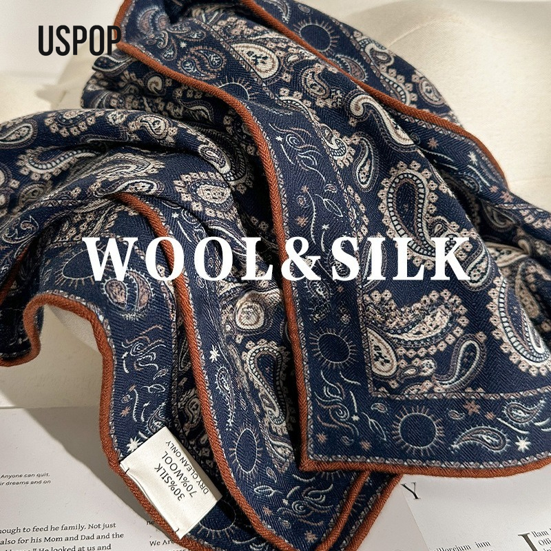 USPOP Écharpe carrée en soie et laine à motifs paisley psychédéliques pour femme – Automne/Hiver Bleu foncé, polyvalente, chaude et élégante
