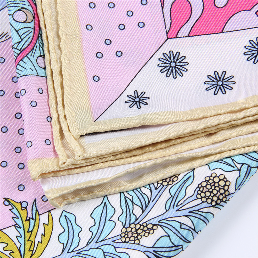 90CM plantes d'animaux imprimer sergé foulard en soie femmes châles carrés marque Hijabs écharpe Bandana léopard fait à la main frisé foulards