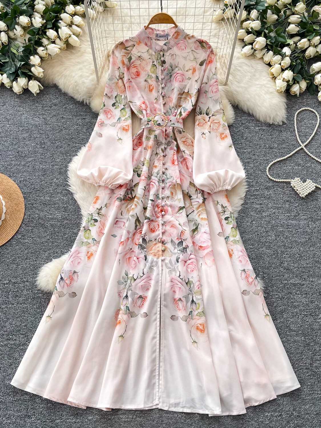 Robe de soirée longue élégante vintage française pour femme, col montant, manches lanternes, imprimé, simple boutonnage, design de robe de fête
