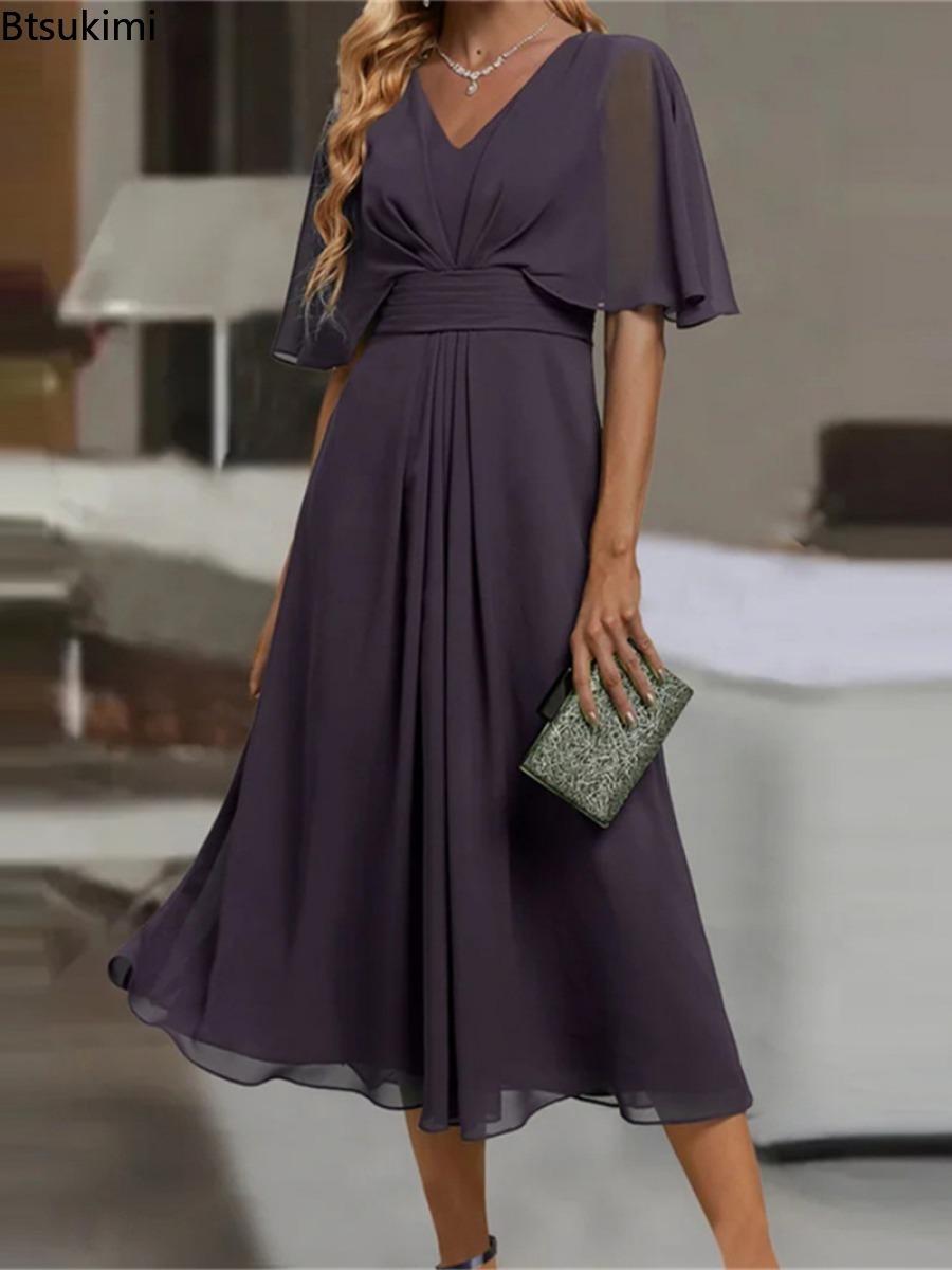 Robe de soirée longue et élégante pour femmes, grande taille, ligne A, col en V, volants, en mousseline de soie, Robe de mariée formelle, éblouissante, 2026