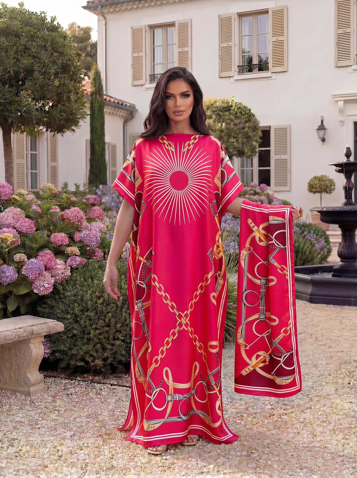 Abaya à imprimé floral de Dubaï avec foulard, kaftan maxi ample à col bateau et manches chauve-souris pour femmes musulmanes africaines