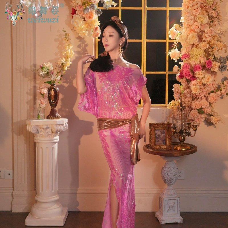 Robe de danse orientale pour femmes, costume de scène Shaabi Baladi Saidi, robe à paillettes + foulard + harnais de danse orientale