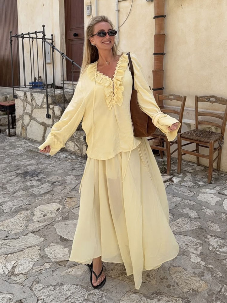 HH femmes élégant jaune volants à lacets Blouse jupes ensembles à manches longues col en V chemise plissée jupe Midi 2025 femmes tenues