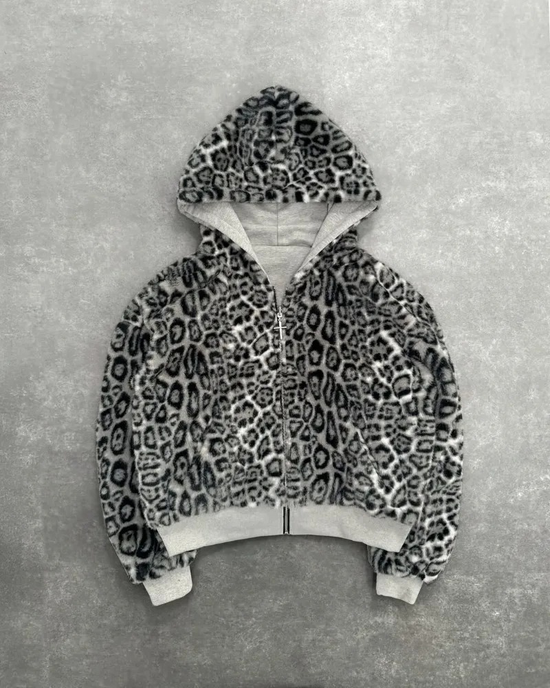 Hip-hop nouveaux vêtements double face Harajuku rétro imprimé léopard à la mode ample sweat à capuche avec fermeture éclair hommes rue sweat-shirt décontracté femmes