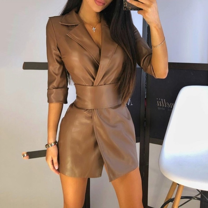 Robe en cuir PU mi-longue à col en V pour femmes avec ceinture, robes élégantes, fermeture à la taille, tendance, rabattable, sexy