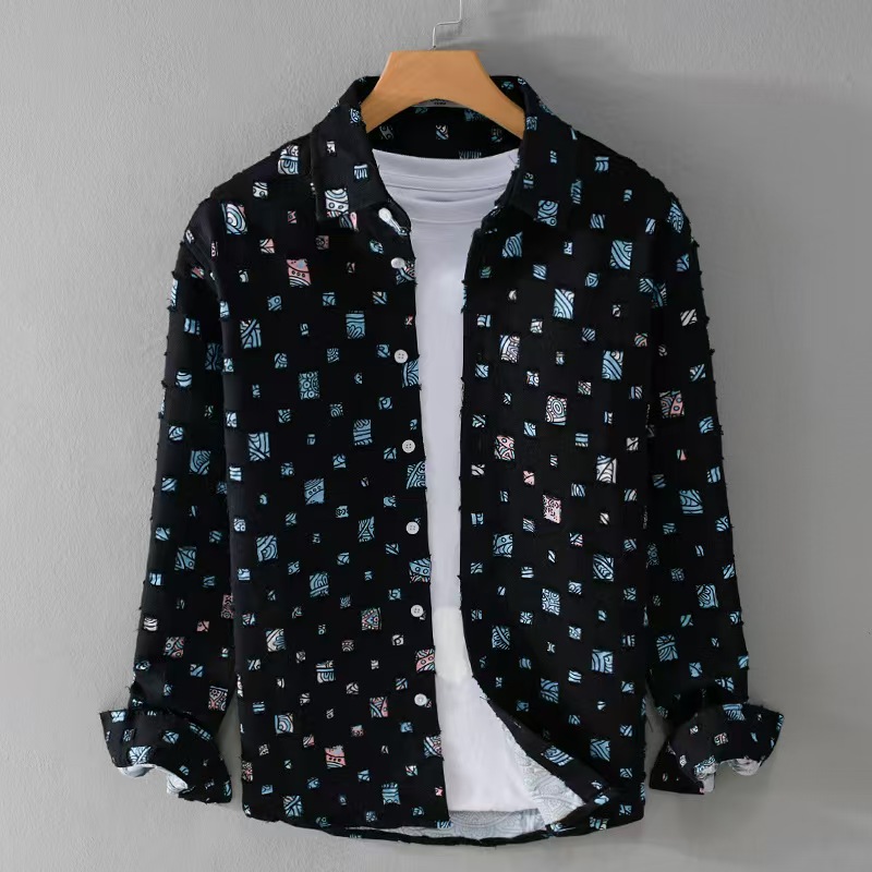 Chemise à col rabattu pour hommes, manteau imprimé à trous cassés, hauts à manches longues, amples, à la mode, chemises de haute qualité, printemps-automne