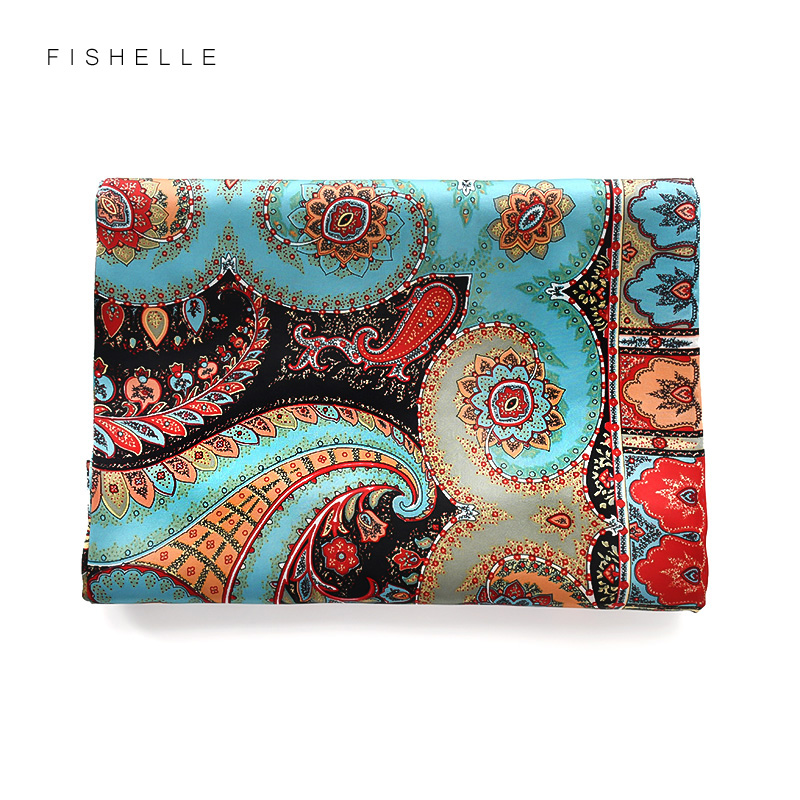Écharpe en soie satinée naturelle bleu paon 110 cm, grand bandana carré imprimé, 100% soie pure, écharpe de luxe pour femme, cadeau pour dame.