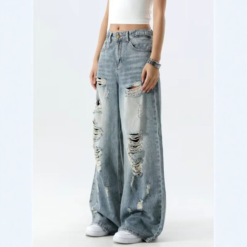 Jean taille haute coupe droite pour femme, pantalon en denim ample amincissant avec déchirures, mélange coton et polyester, pantalon long