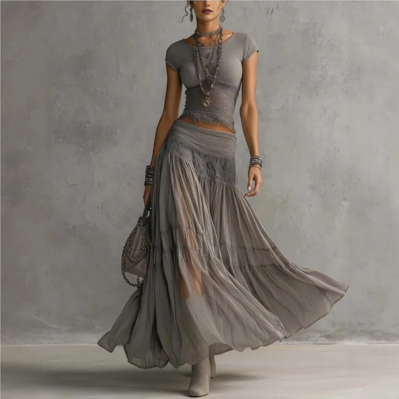 Ensemble chic 2 pièces pour femme : haut uni à manches courtes coupe ajustée avec empiècements en dentelle et jupe taille haute élastique à cordon de serrage