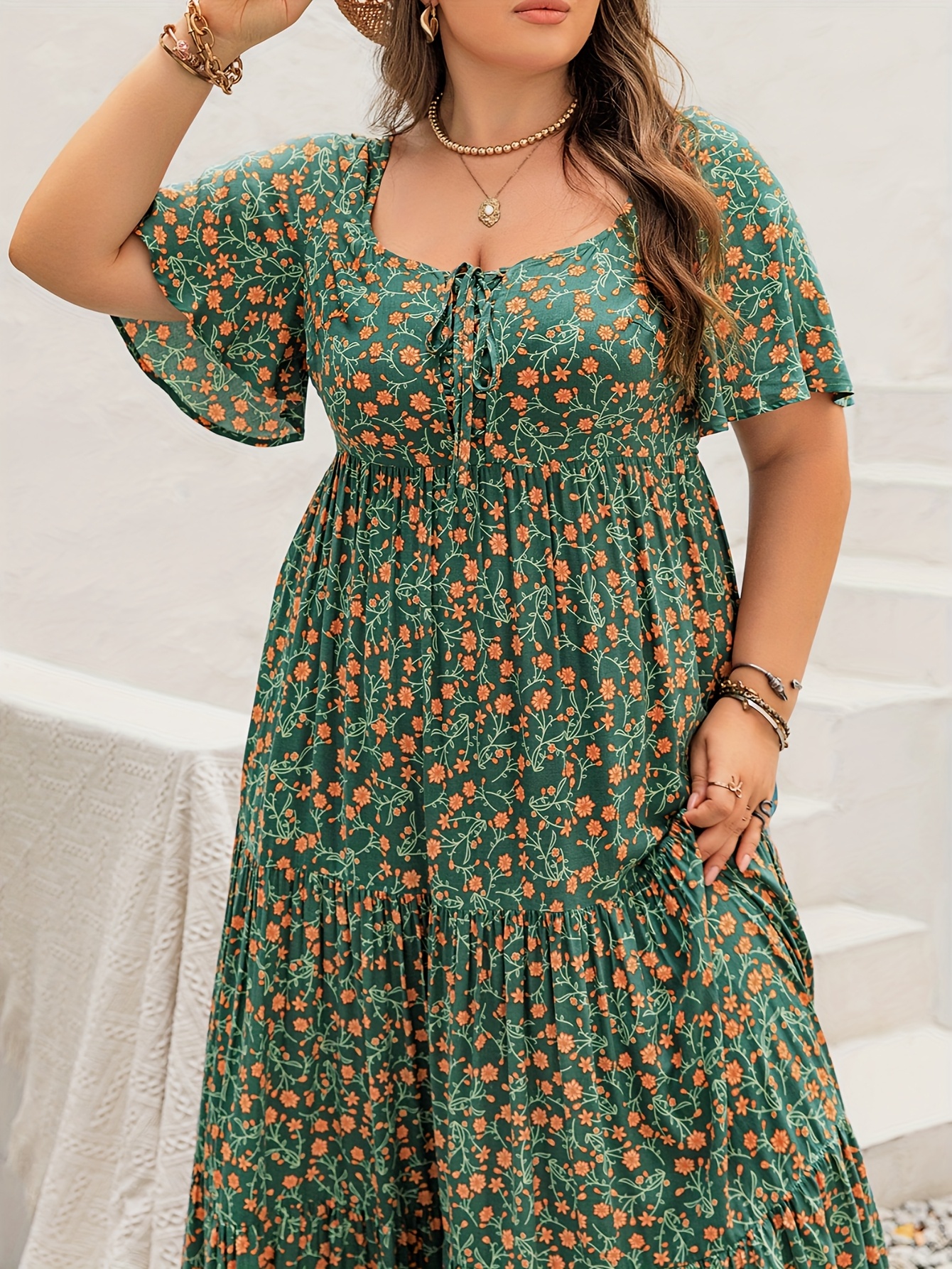 Robe longue bohème grande taille pour femme, col français, imprimé ajustable à nouer, style chic bohème