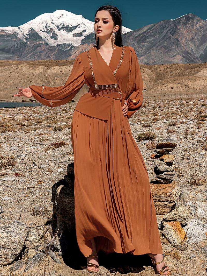 Robe plissée en perles pour femmes musulmanes arabes, faite à la main, col en v, ceinture de tempérament, Robe de cérémonie, nouvelle collection