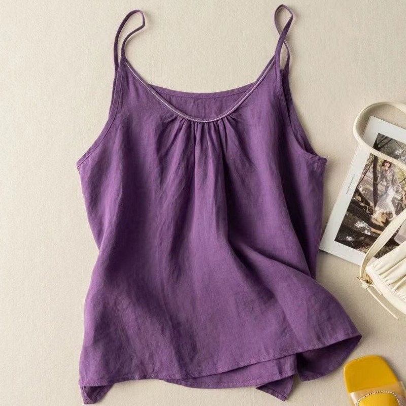 Minimalis Commute-Débardeur en pur coton pour femme, licou pour document solide, débardeur froncé rétro, camisole mince, été, nouveau