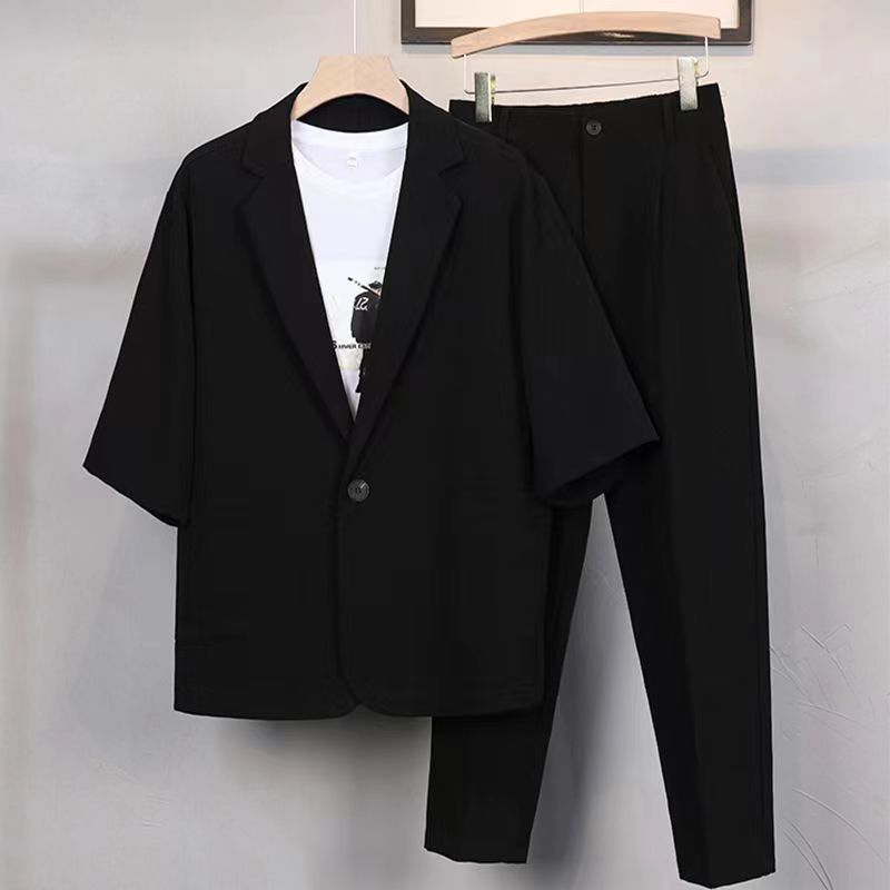 Costumes formels de style coréen pour hommes, vestes à manches courtes et pantalons longs pour hommes, coupe couvertes simple, monochromatique, ensembles de 2 pièces, printemps, automne