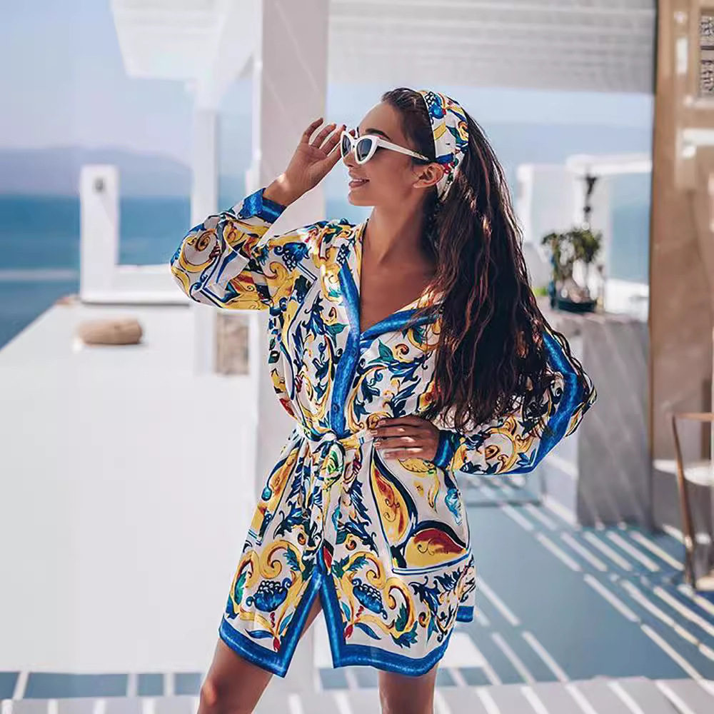 Printemps été nouvelles robes pour femmes avec Style bohème positionnement imprimé à lacets chemises à manches longues combinaisons jupes courtes