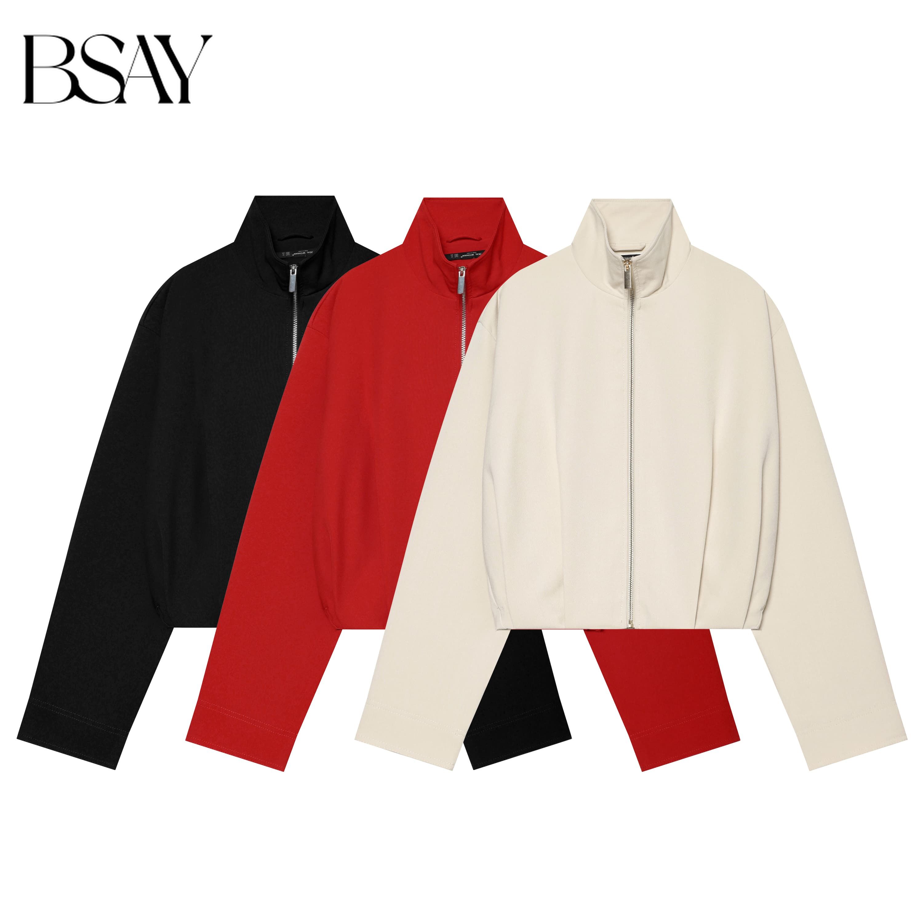 BSAY Streetwear – Blouson bomber court uni pour femme, col montant, fermeture éclair, épaules tombantes, manches longues, coupe ample, style Y2K, décontracté
