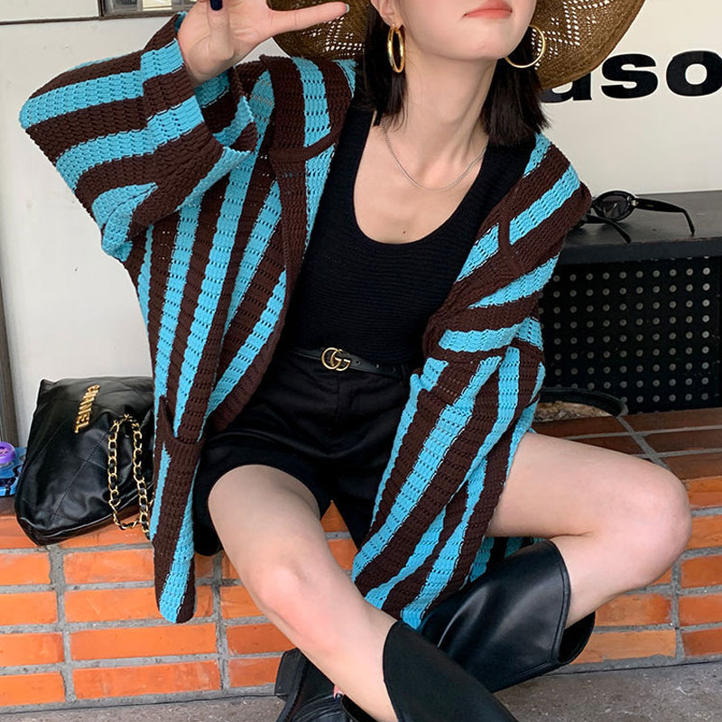 Cardigan rayé à manches longues pour femmes, pulls à capuche épissés, vêtements décontractés coréens, automne et hiver