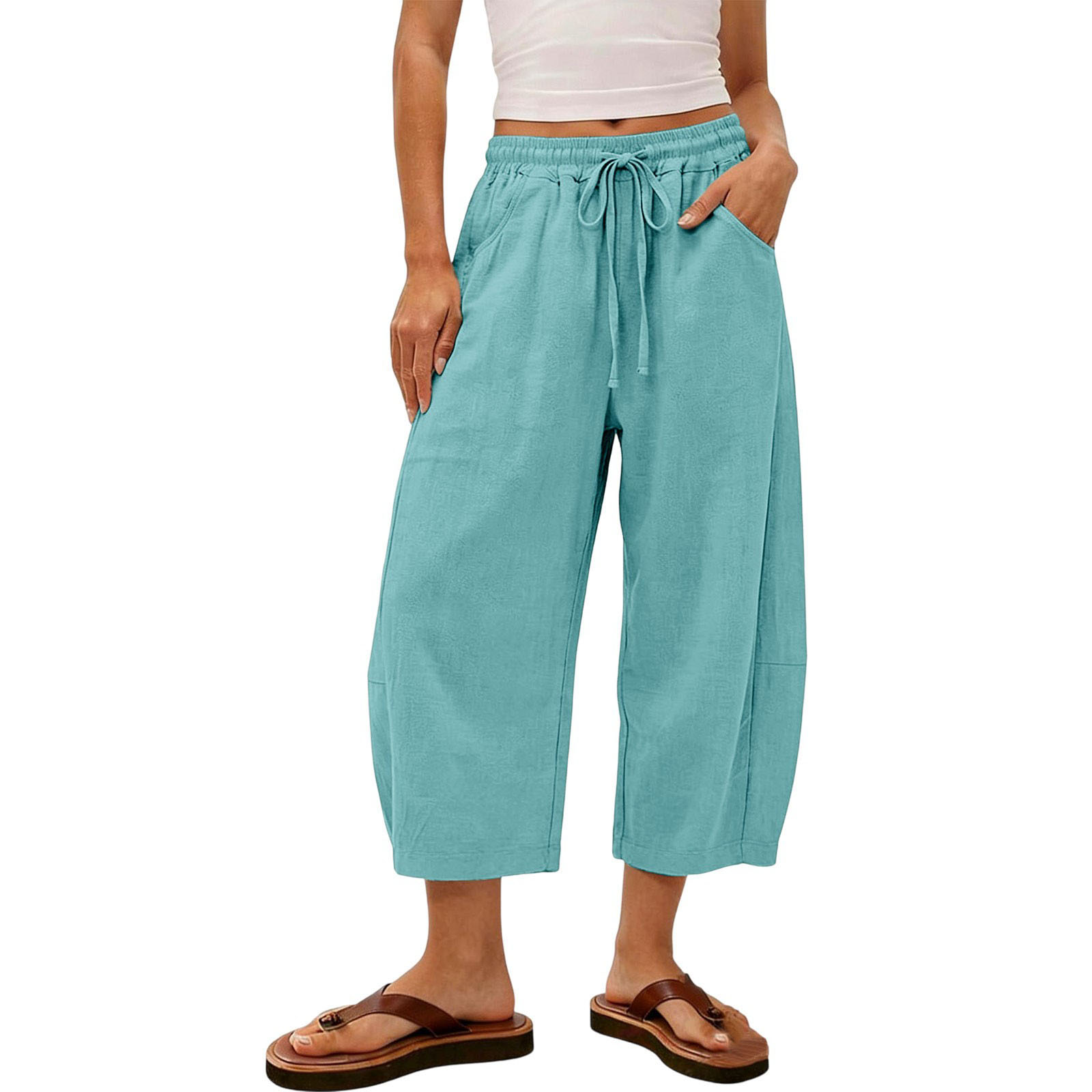Pantalon Capri ample en coton et lin pour femme, coupe décontractée, taille haute, ourlet incurvé, style coréen, idéal pour le bureau, été