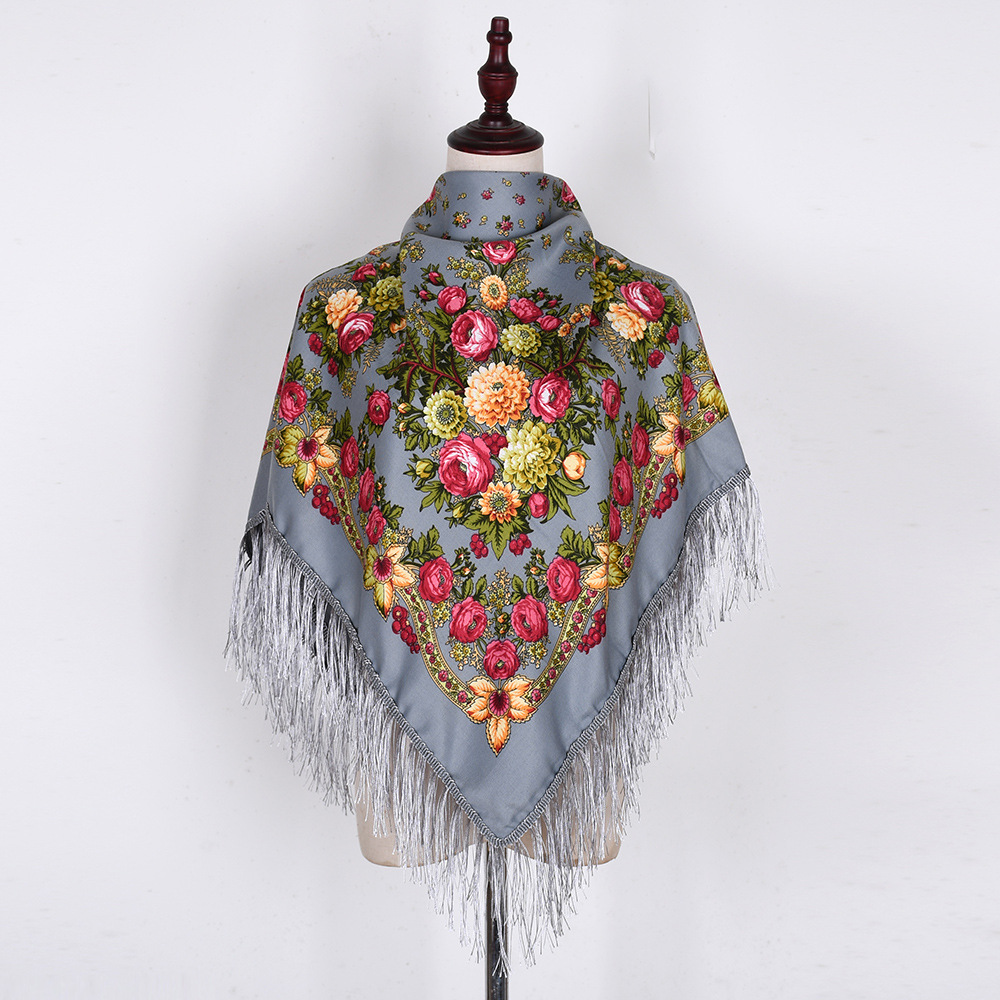 Écharpe russe châles femmes frangé carré Bandana foulard musulman Hijab National couverture florale foulards 110x110 cm