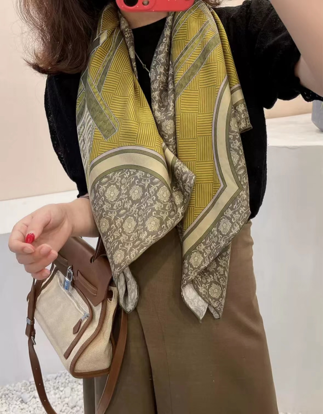 BYSIFA-Foulard Hijab Carré pour Femme, Grand Châle Paisley, Vert Armée, 100% Naturel, Marque de Mode, Automne et Hiver