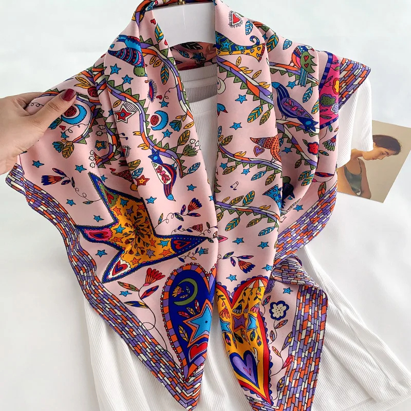 Foulard Carré en Coton Sergé pour Femme, Châle Imprimé de Luxe, Hijab, Bandana, Pashmina, 90x90cm, 2024