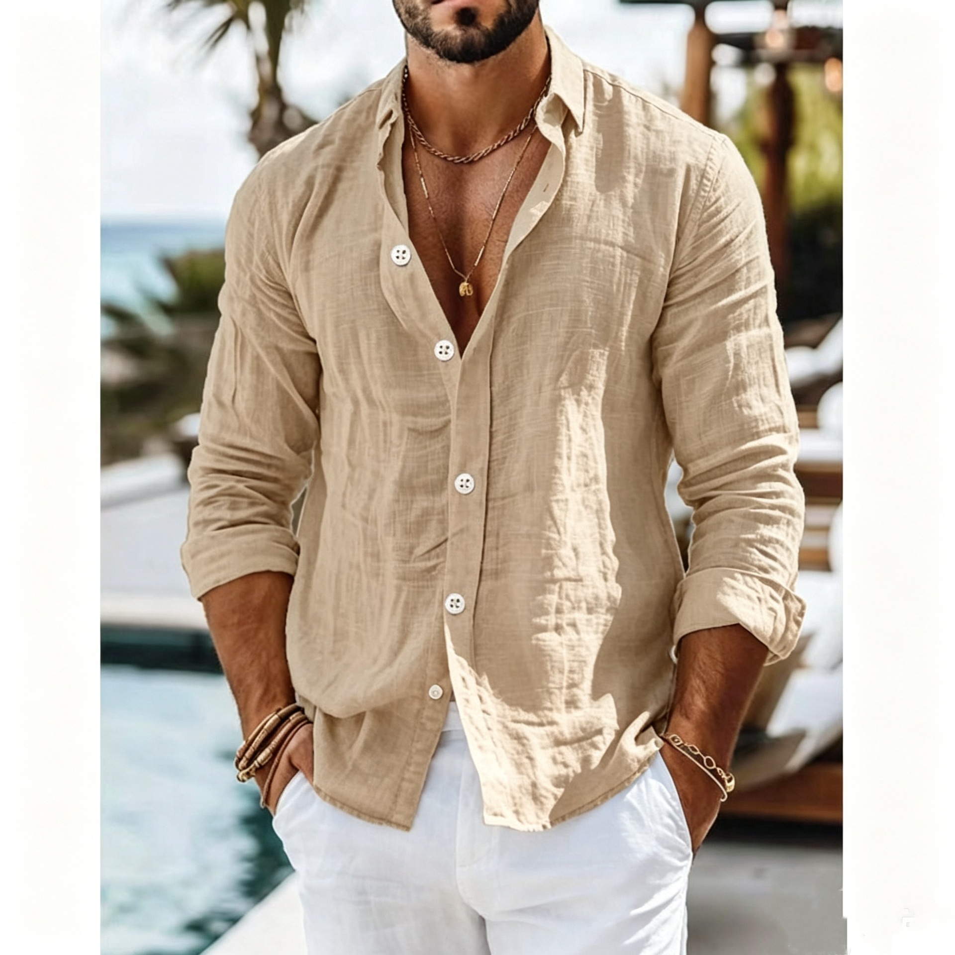 Hommes Coton Lin À Manches sulfBlouse Y-Casual Mâle Sable Beachwear Vacances At Blouse Chemises NMD-6656
