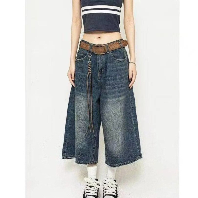 Shorts en jean délavé vintage pour femme, taille haute, coupe ample, longueur genou, style Y2K, streetwear décontracté, mode coréenne
