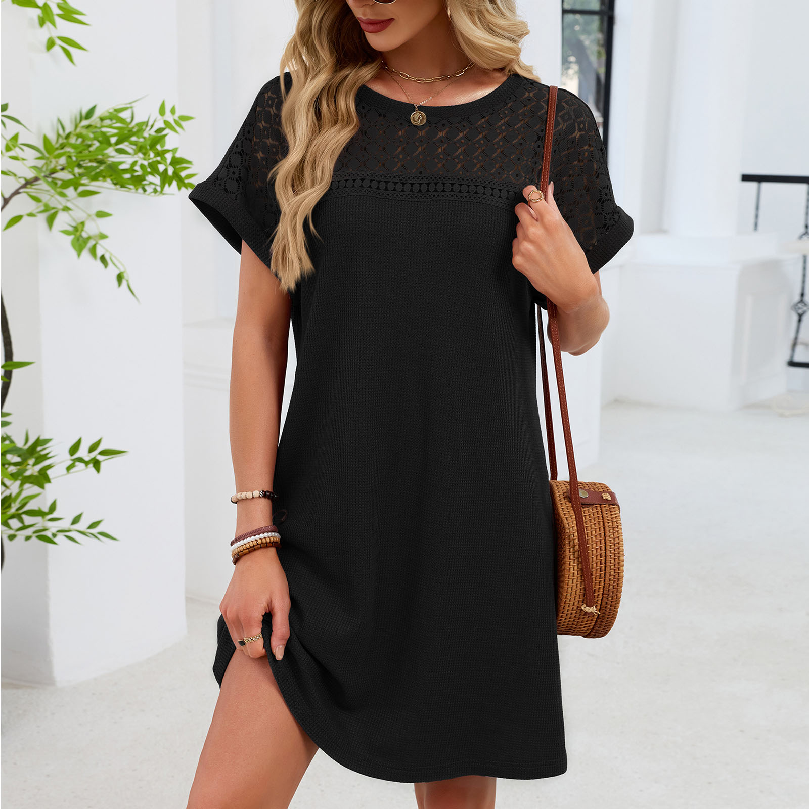 Robe à la mode pour femmes, couleur unie, col ras du cou, à lacets, coupe ample, manches courtes, robes d'été, nouvelle collection