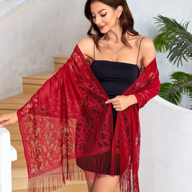 Écharpe longue en dentelle florale respirante pour femme, avec franges et pompons, châle, foulard, hijab musulman, bandeau, bandana
