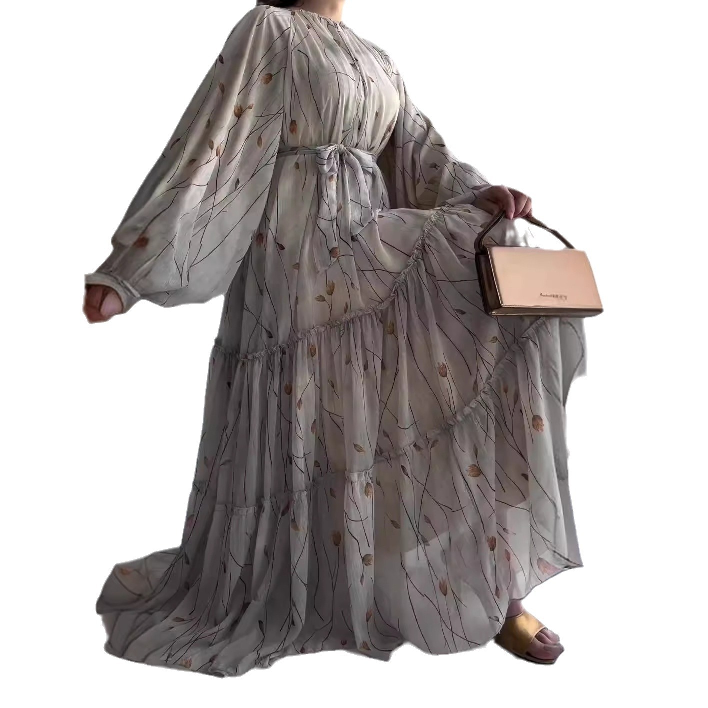 Robe longue à manches longues bouffantes pour femmes, robe trapèze décontractée, col rond, maxi à lacets, taille serrée, imprimé floral, épissure élégante, robe éducative
