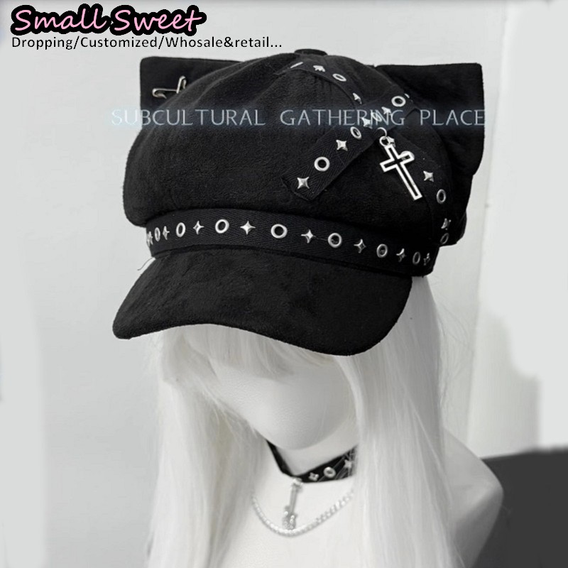 Béret gothique Lolita Steampunk oreilles de chat Y2k pour fille, casquette de Baseball à rivets, Punk sous-culturel foncé, croix, Streetwear, casquette octogonale