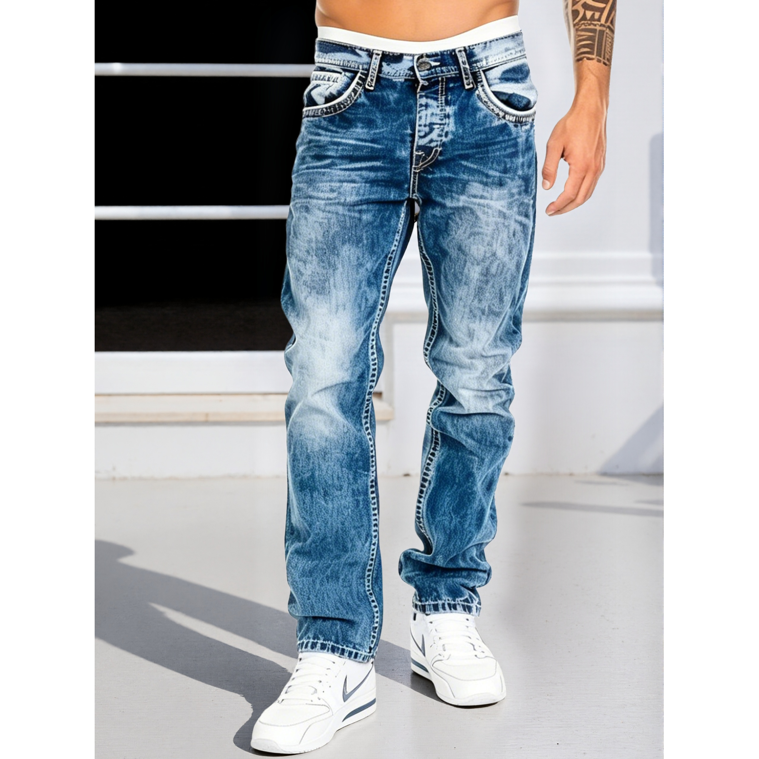 Jeans pour homme, pantalon classique coupe droite, denim extensible, vintage, couleur unie, pour un style streetwear