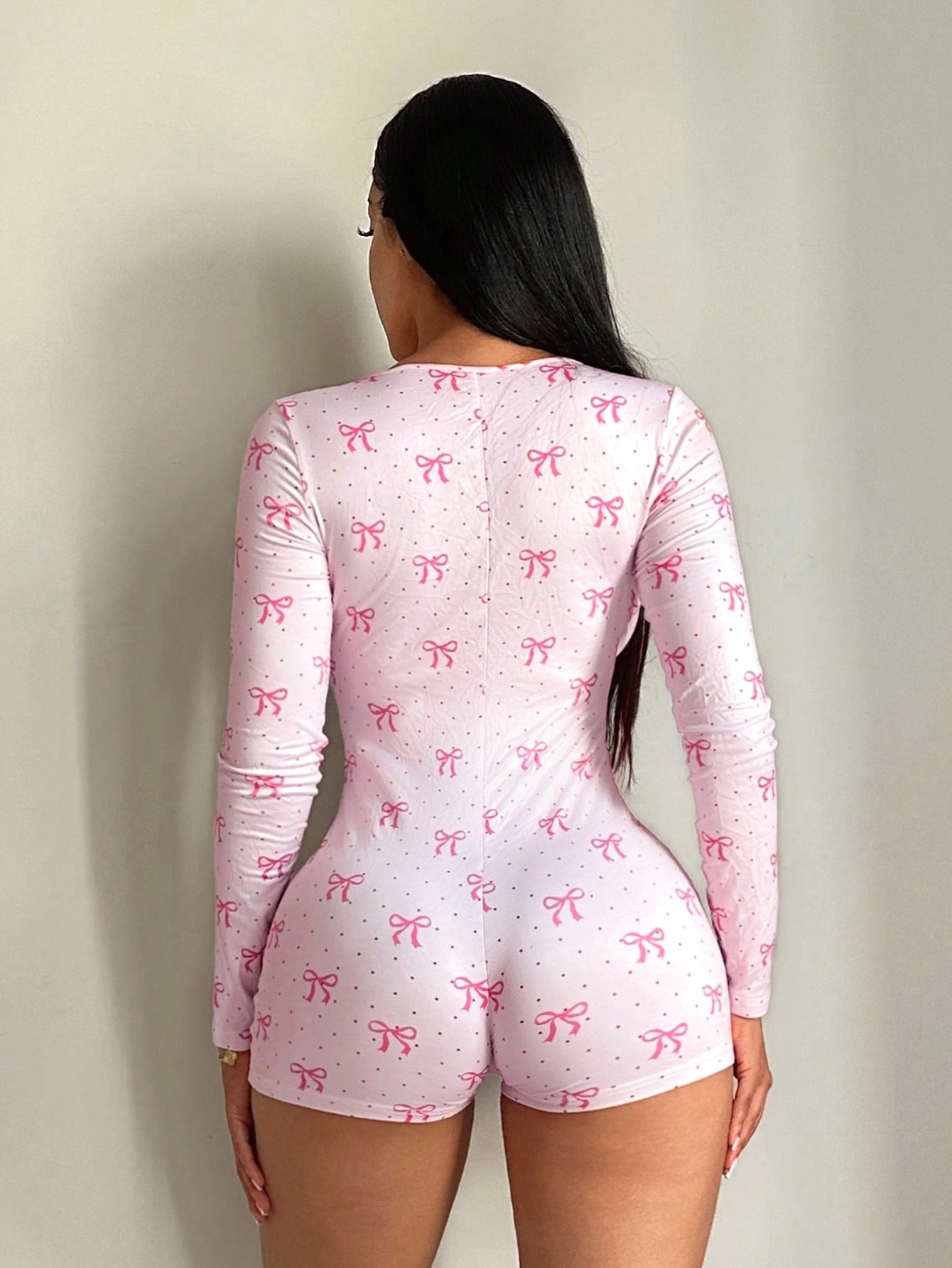 Combinaison courte en tricot élastique confortable pour femmes, sexy, décontractée, rose à pois, avec nœud imprimé, vêtements de maison