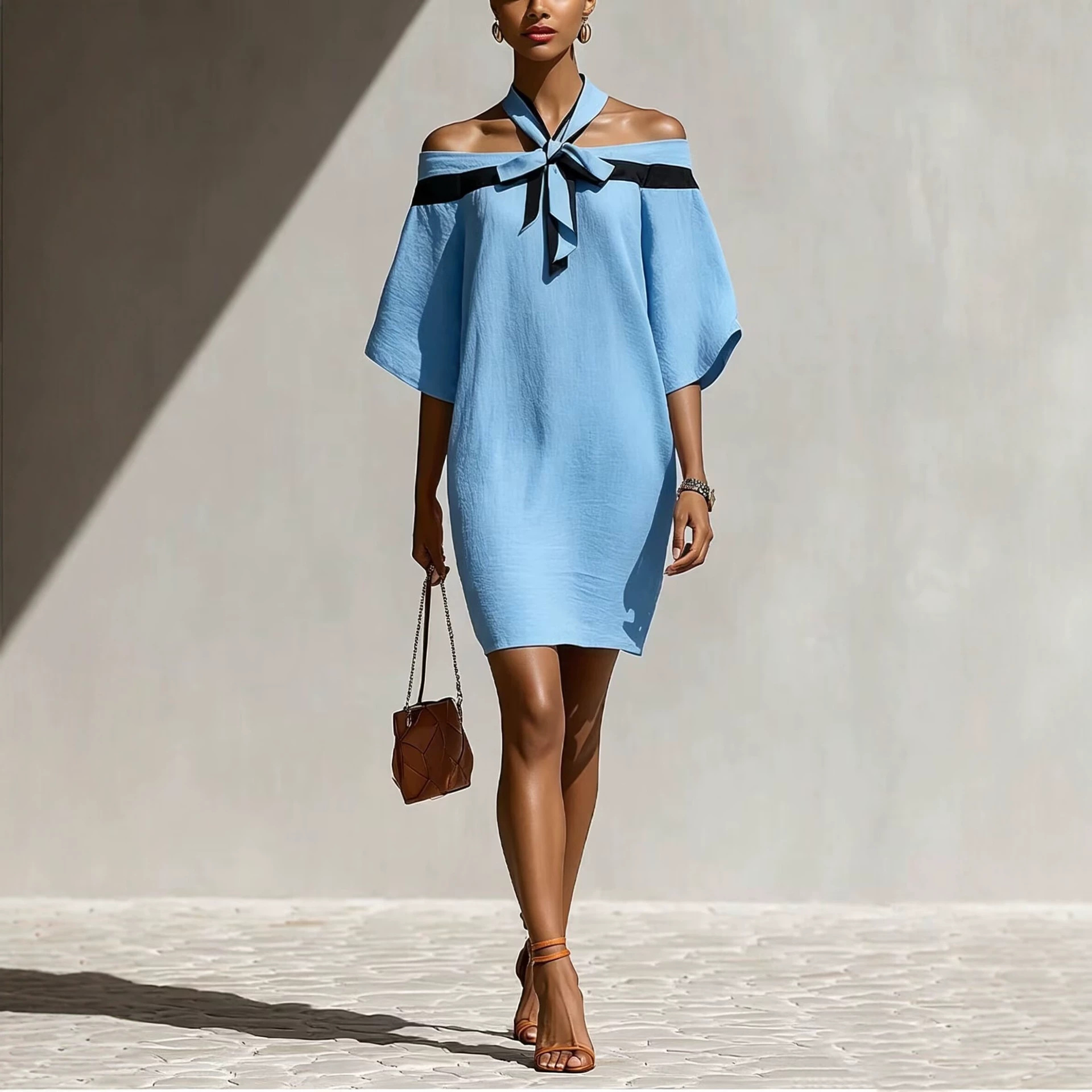 Nouvelle Robe Mini Chic Décontractée pour Femme, Élégante, Épaules Dénudées, Col Halter, Nœud, Manches Courtes, Coupe Ample, Idéale pour les Fêtes, Collection Été 2026