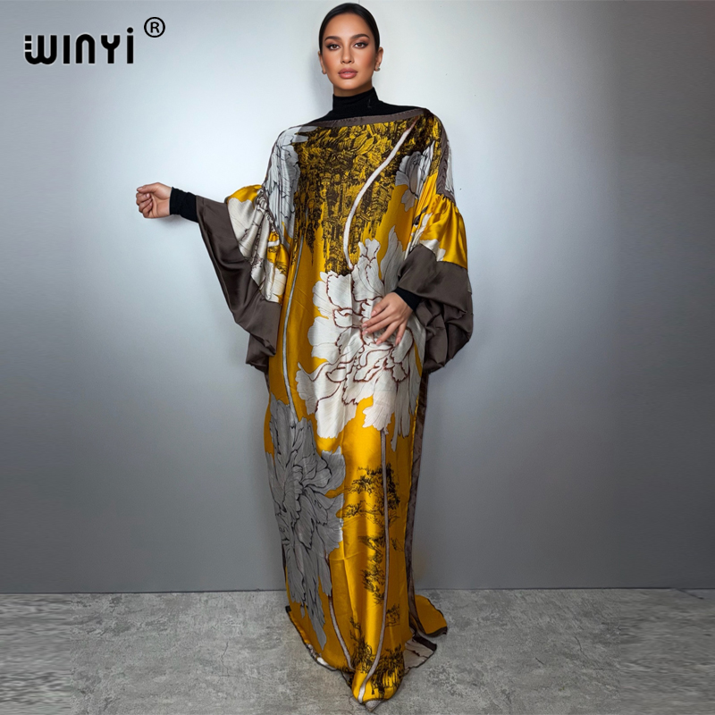 WINYI Robe de soirée d'été à manches bouffantes, Abaya de luxe de Dubaï, Kaftan ample imprimé pour femme, Vêtement musulman, Robe longue de soirée