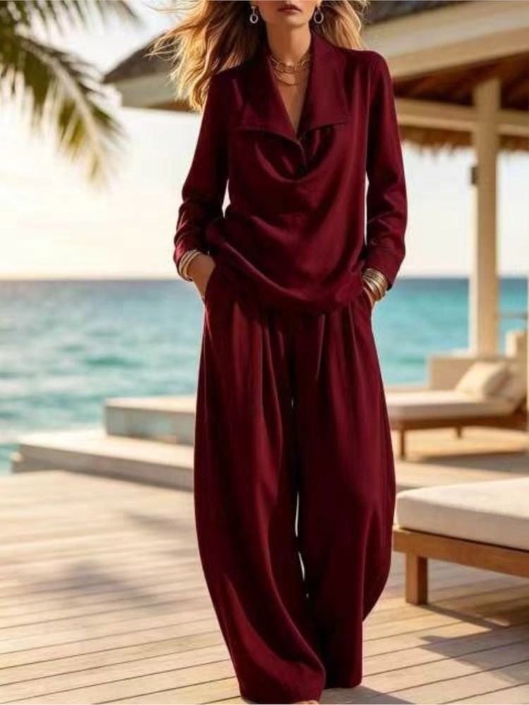 Ensemble 2 pièces pour femmes, chemisier à col à revers et manches longues, pantalon large, décontracté, blanc, idéal pour les vacances à la plage.
