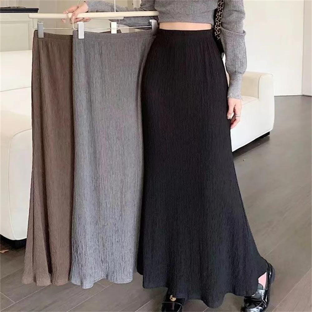 Jupe longue plissée taille haute pour femme, jupes sirène minces, jupes midi vintage, style streetwear féminin, mode élégante, marron, 2025