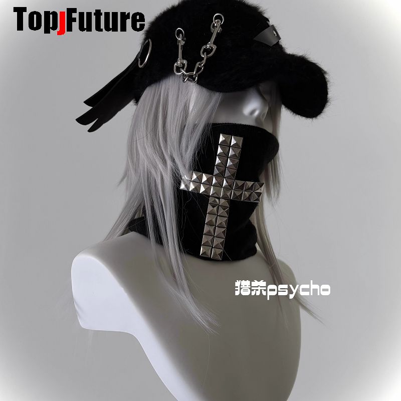 Casquette de baseball unisexe avec fourrure, style steampunk, visière rigide et rivets punk, cache-cou en peluche, écharpe croisée tricotée, gothique