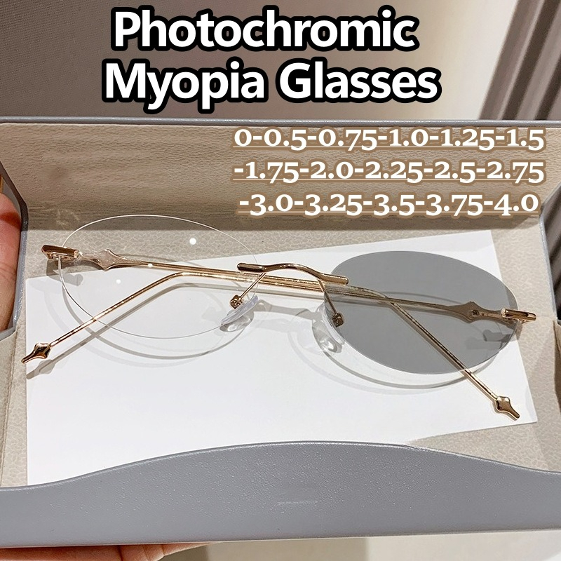 Petites lunettes photochromiques ovales pour myopie, femmes et hommes, monture sans cadre, verres négatifs, lunettes tendance pour l'extérieur -1.0-2.0-4.0