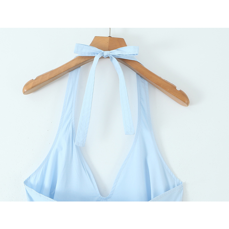 YENKYE nouveau élégant bleu licou Midi Robe longue femmes Sexy dos nu col en V profond taille basse a-ligne robes Robe de soirée 2025