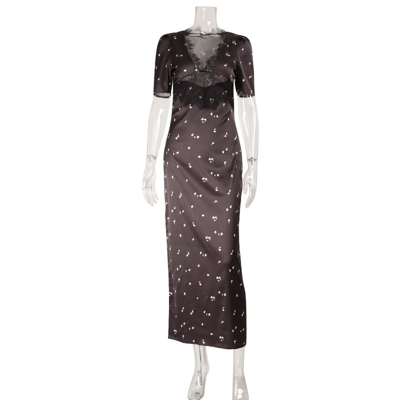 Robes maxi imprimées en dentelle patchwork pour femmes, mode sexy streetwear, manches courtes, slim, ajourées, longues vestidos robes féminines