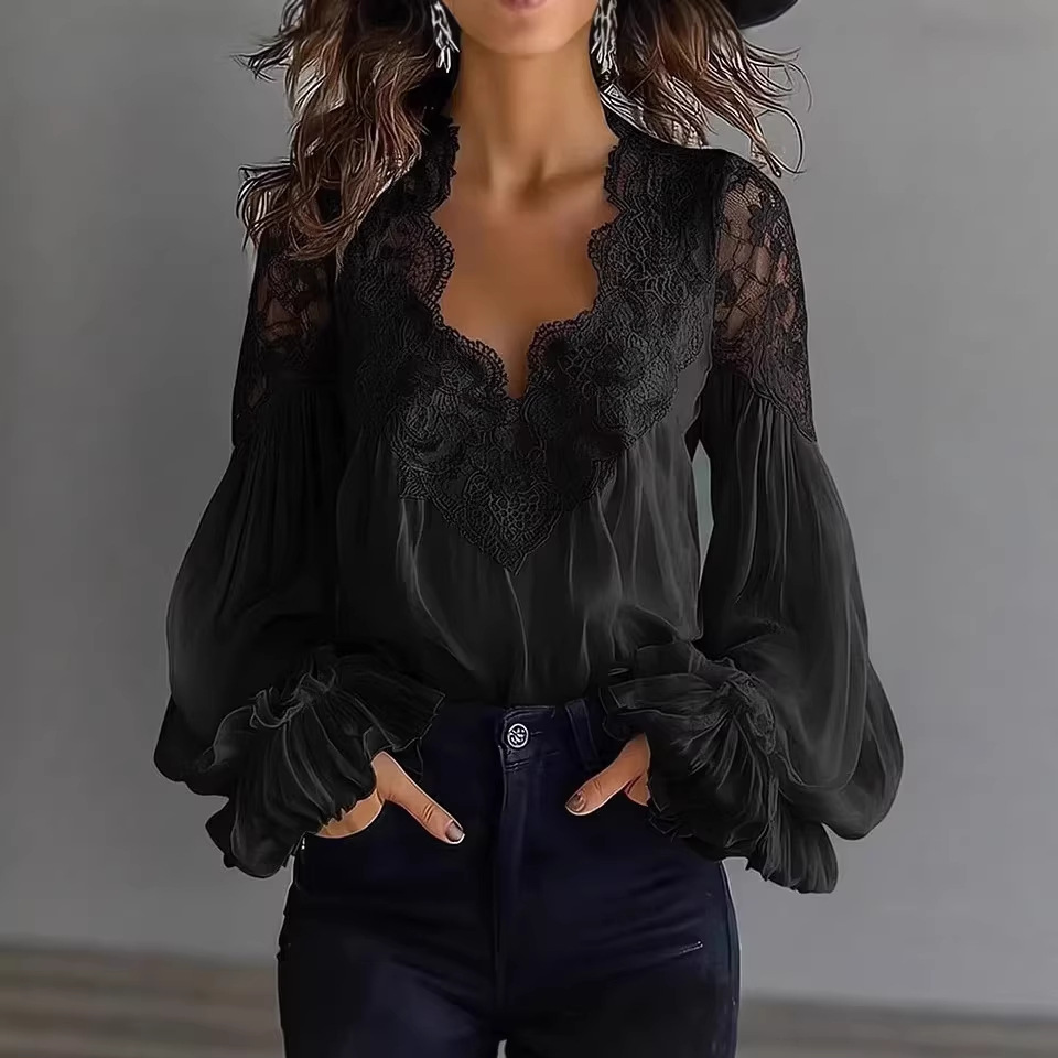 Nouvelle chemise femme 2026 à manches bouffantes en dentelle, blanche et noire, coupe ample, design plissé, confortable et polyvalente