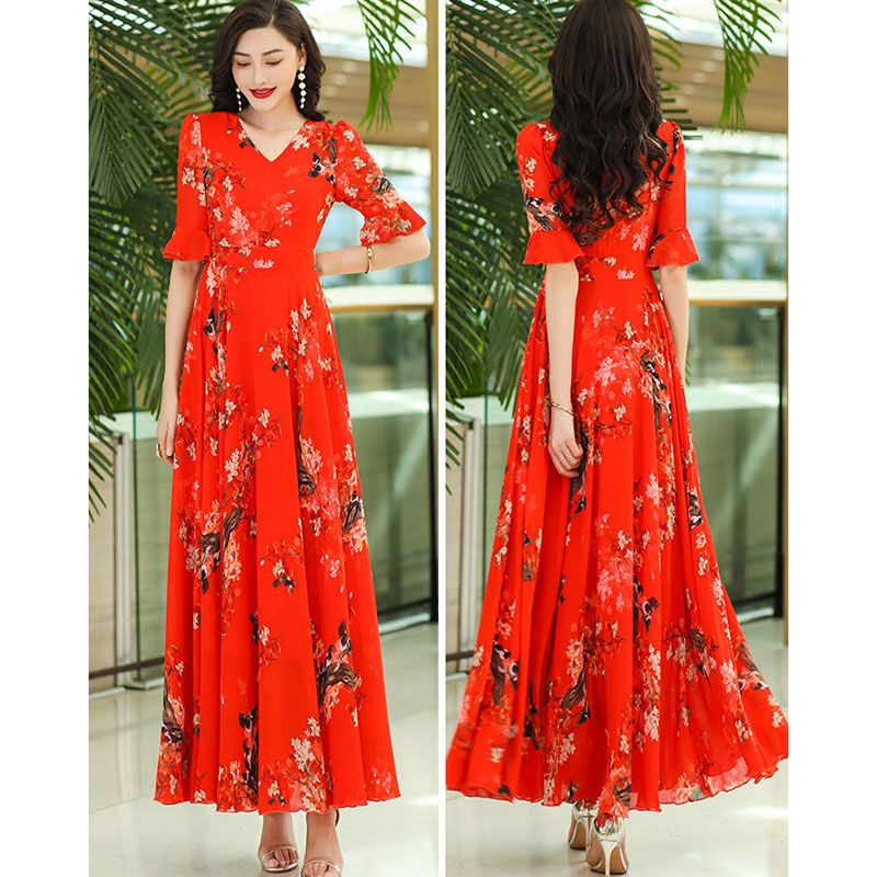 Robe longue imprimée en mousseline de soie pour femme, robe de plage mince bohème, col en V, manches moyennes, robe de soirée féminine, robe éducative, 4XL, nouveau, été, 2024