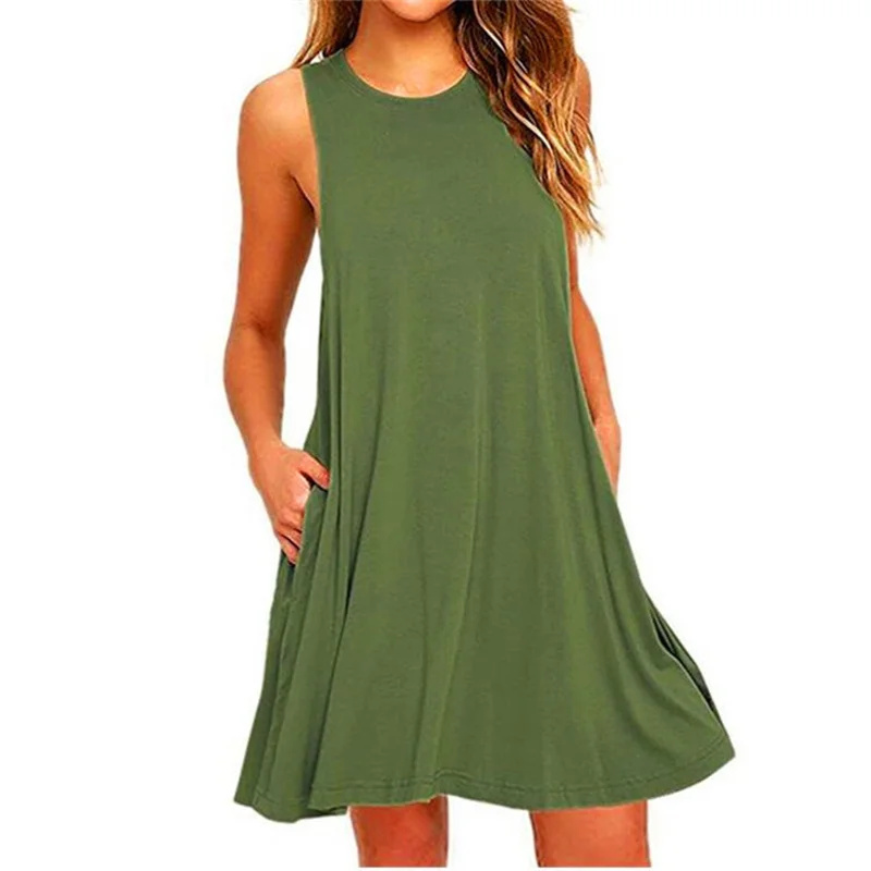 Robe décontractée d'été pour femme, style t-shirt, cache-maillot de plage, unie, plissée, avec poches, débardeur
