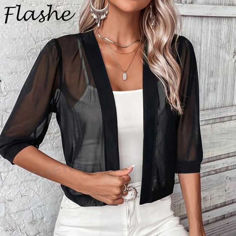 Cardigan court élégant pour femmes, noir blanc, manches mi-longues, veste courte mince, vêtements d'extérieur décontractés, Y-2024