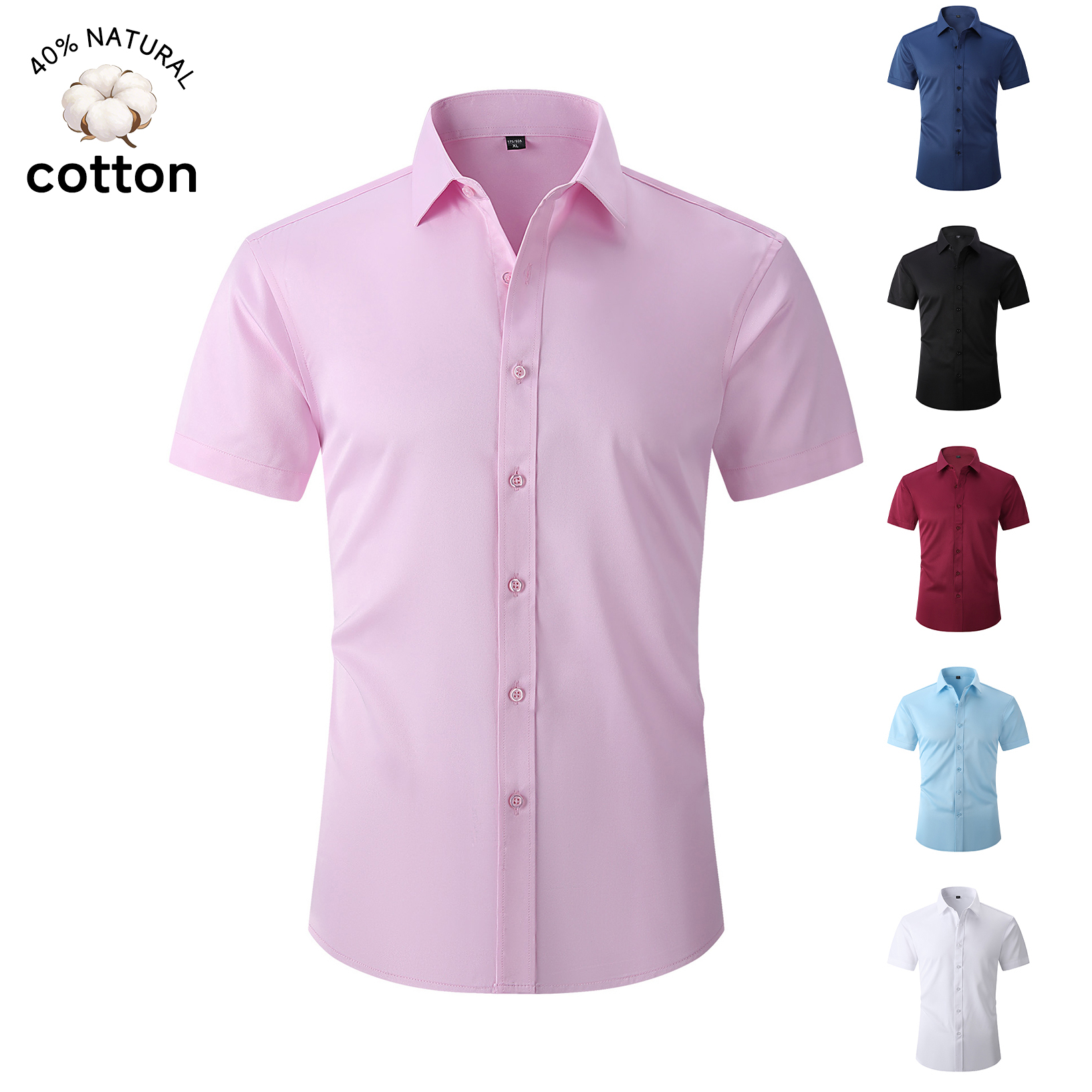 Chemise d'été décontractée pour homme en coton à manches courtes, boutonnée, respirante, couleur unie rose, coupe classique, haut de gamme pour affaires