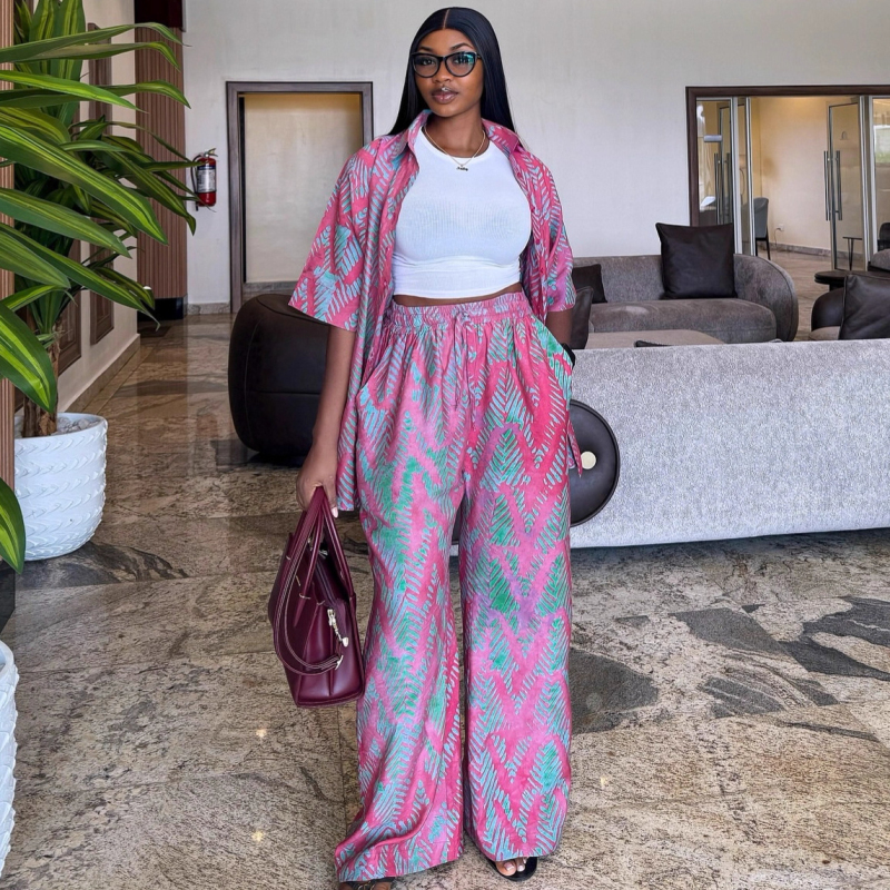 Nouvelle mode africaine femmes deux pièces ensemble imprimé à manches courtes chemise ample et pantalon ensemble femme tenues décontractées