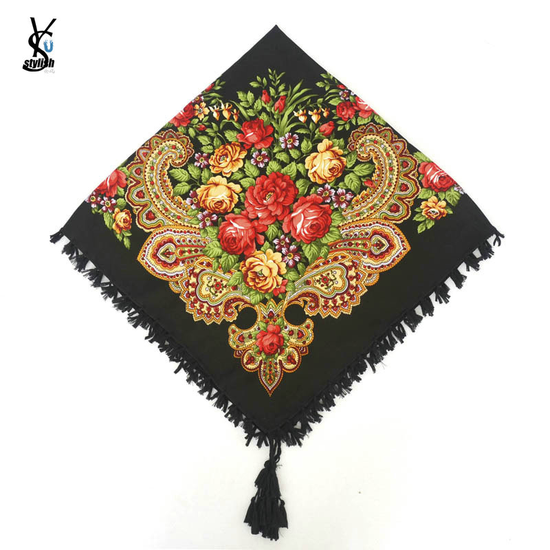 Écharpe carrée à pampilles pour femmes russes, châle imprimé floral pour dames, bande de sauna courte, cape rétro, écharpes rondes, 90x90cm, mode, YG584