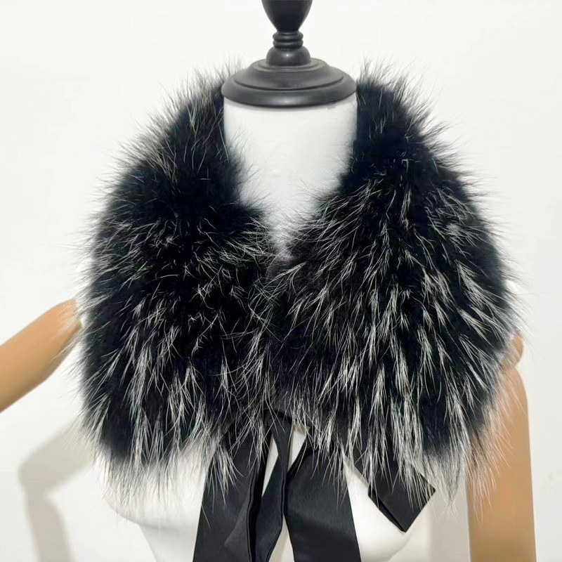 Col de fourrure de raton laveur femmes manteau d'hiver capuche décor col de fourrure de fourrure mode manteau chaud châle naturel fourrure de raton laveur écharpe cou plus chaud