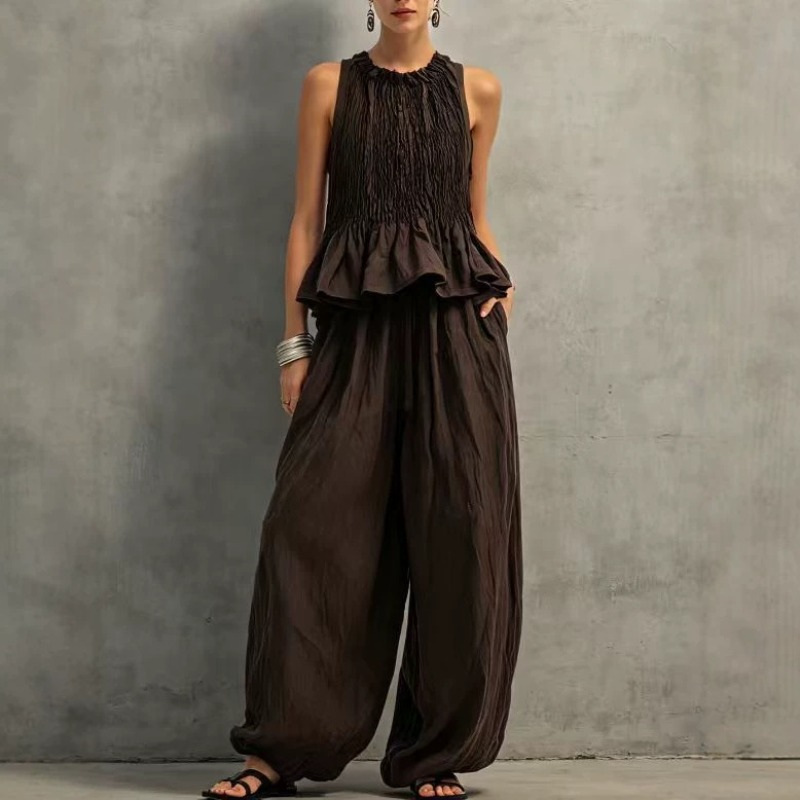 Ensemble décontracté d'été pour femme : Haut plissé smocké sans manches style rétro et pantalon large à volants, 2 pièces vintage